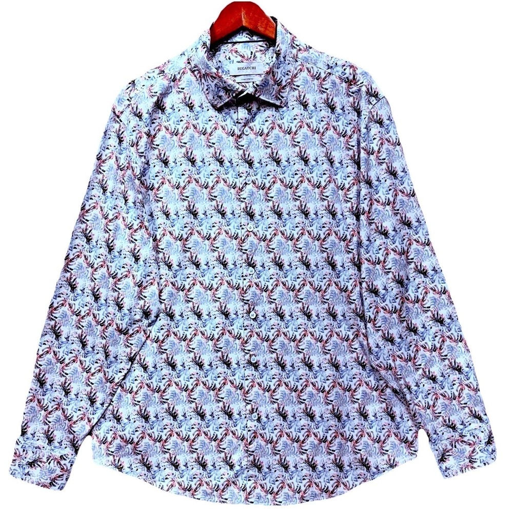 Bugatchi Men's‎ XL Air Blue Button Down Shirt Tropical Palm Leaf 8-Way Stretch